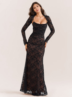 Robe trompette à lacets découpe florale broderie manches longues robes de bal