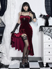 Robe tunique gothique en velours bordeaux à volants et fleurs pour femme