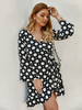 Robe tunique grande taille motif imprimé noir col en V manches longues à lacets volants dété robe mi-longue