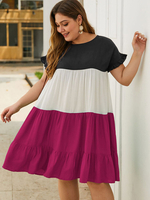 Robe tunique grande taille T-shirt col bijou manches courtes volants longueur genou été robe mi-longue rouge