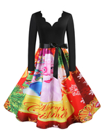Robe Vintage Année 50 Femme Longue Col V avec Manches Longues Ceinturé avec Noeuds Imprimé Sur Le Thème de NOEL Bas Evasée de Soirée Robe Rétro Femme