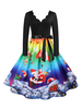 Robe Vintage Année 50 Femme Longue Imprimé Sur Le Thème de NOEL Col V avec Manches Longues Ceinturé avec Noeuds Bas Evasée de Soirée Robe Rétro Femme