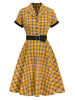 Robe Vintage Année 50s Femme Col Revers avec Manches Courtes Ceinturé Noir avec Boutons Carreaux Bicolores Bas Evasée Robe Rétro Femme
