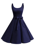 Robe Vintage Année 50s Femme Col Rond Sans Manches Coupe Cintrée Avec Noeud Bas Evasée Robe Rétro Femme