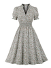 Robe Vintage Années 1950 Sauge Imprimé Floral Femme Boutons Manches Courtes Col V Robe Rockabilly