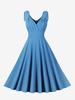 Robe vintage avec nœud aux épaules col en V sans manches style Audrey Hepburn des années 1950 robe mi-longue bleue trapèze pour femmes 2025