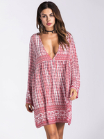 Robes Bohèmes Courtes Femmes Décontractés Imprimés à Col Décolleté en V avec Manches Longues Amples Bas Evasée Bicolores
