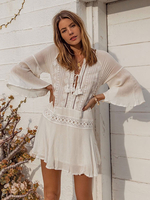 Robes Bohèmes Femmes à Col V à Lacets avec Manches mi-Longues Volantes Coupe Cintrée à Lacets Bas Evasée Creusants Unicolore en Cotons