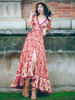 Robes Bohèmes Longues Imprimés Femmes à Col V avec Manches Mi-longues Fente sur Devant Bas Evasée Multicolores Robes Boho Bohème