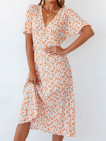 Robes Bohèmes Longues Imprimés Florales Femmes Etés avec Manches Courtes Coupe Cintrée Bicolores Robes Longues Sexy