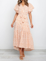 Robes Bohèmes Longues Imprimés Florales Femmes Etés avec Manches Courtes Volantes Coupe Cintrée à Lacets Bas Evasée Bicolores Robes Longues Sexy