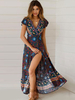 Robes Bohèmes Longues Imprimés robe fleurie Femmes à Col V avec Manches Courtes Coupe Cintée à Lacets Fente Latérale Multicolores Robes de Boho Femmes 2021