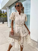Robes Chemise Abricot Col Montant Dentelle Manches Courtes Robe Midi