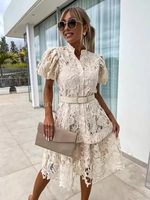 Robes Chemise Abricot Col Montant Dentelle Manches Courtes Robe Midi