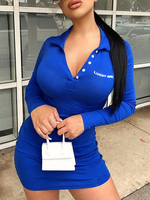 Robes chemise bleu polyester coton manches longues col rabattu moulante robe dété mini robe
