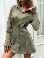 Robes chemise femme vert chasseur col montant manches longues boutons robe courte coupe ajustée