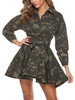 Robes chemises Robe mi-longue camouflage col rabattu à lacets manches longues avec ceinture et robe évasée