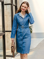 Robes Chemisier en Cotons à Col Revers avec Manches Longues Ceinturé Fermeture avec Boutons Unicolore