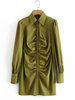 Robes Chemisier Femmes Droites à Col Revers avec Manches Longues Amples à Lacets Elastiques Unicolore