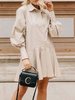 Robes Chemisier Femmes Droites à Col Revers avec Manches Longues Amples Fermeture avec Boutons Bas Evasée avec Volants Unicolore