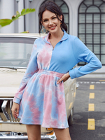 Robes Chemisier Femmes Imprimés à Col Rond Fermeture avec Zip avec Manches Longues Coupe Cintrée Elastique Bas Evasée Bicolores