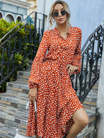Robes Chemisier Femmes Longues Imprimés les Pois avec Manches Longues à Col Revers à Lacets Coupe Cintrée Elastique Fermeture avec Boutons Bas Evasée Bicolores