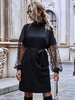 Robes Chemisiers Femmes Courtes à Col Montant avec Manches Longues Amples Cousu en Dentelles Imprimés les Pois Coupe Cintrée à Lacets Unicolore