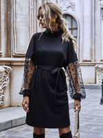 Robes Chemisiers Femmes Courtes à Col Montant avec Manches Longues Amples Cousu en Dentelles Imprimés les Pois Coupe Cintrée à Lacets Unicolore