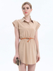 Robes Chemisiers Femmes Courtes à Col Revers avec Manches Courtes Coupe Cintrée avec Ceinture Unicolore