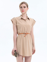 Robes Chemisiers Femmes Courtes à Col Revers avec Manches Courtes Coupe Cintrée avec Ceinture Unicolore
