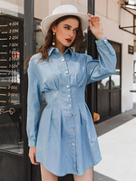 Robes Chemisiers Femmes Courtes à Col Revers Coupe Cintrée Fermeture avec Boutons avec Manches Longues Amples Unicolore