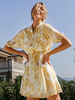 Robes Chemisiers Femmes Courtes Imprimés à Col Revers avec Manches Courtes Coupe Cintrée à Lacets Bicolores