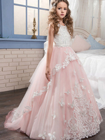Robes cortège enfant à col rond sans manches bordé de papillons robe princesse