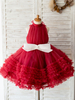 Robes cortège enfant Avec Ceinture Col Haut Tulle Sans Manches Longueur Au Genou Princesse Silhouette Arcs Trun Rouge Enfants Robes De Fête