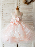 Robes cortège enfant avec ceinture rose sans manches dos nu longueur au genou tulle robes de soirée pour enfants