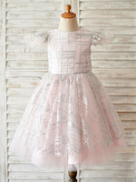 Robes cortège enfant bijou col paillettes manches courtes longueur genou princesse Silhouette arcs Robes de soirée enfants