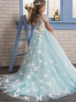 Robes cortège enfant bijou cou dentelle manches courtes cheville longueur balle robe papillon formelle enfants robes de reconstitution historique