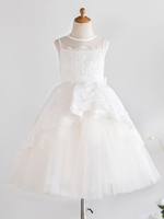 Robes cortège enfant bijou cou dentelle sans manches longueur au genou princesse silhouette arcs enfants robes de soirée