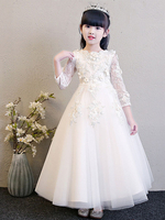 Robes cortège enfant bijou cou manches 3/4 longueur fleurs enfants robes sociales de fête