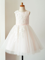Robes cortège enfant bijou cou satin tissu sans manches longueur genou princesse silhouette brodé formelle enfants robes de pageant