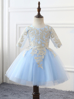 Robes cortège enfant bijou cou tulle demi-manches longueur au genou princesse silhouette dentelle enfants robes de soirée sociales