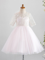 Robes cortège enfant bijou cou tulle manches courtes longueur au genou princesse boutons de silhouette robes de soirée pour enfants