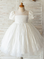 Robes cortège enfant blanc col bijou manches courtes perles formelles enfants robes de reconstitution historique