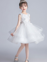 Robes cortège enfant blanc col bijou manches courtes robes de soirée brodées pour enfants