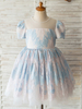 Robes cortège enfant bleu ciel clair col bijou manches courtes perles enfants robes de soirée sociale
