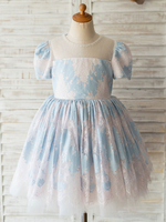 Robes cortège enfant bleu ciel clair col bijou manches courtes perles enfants robes de soirée sociale