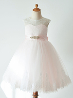 Robes cortège enfant Ceinture sans manches col bijou Des robes de soirée pour enfants rose tendre