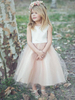 Robes cortège enfant champagne en dentelle col rond zip sur dos Robe fille de fleur