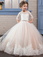 Robes cortège enfant col bijou dentelle manches longues longueur de plancher princesse silhouette brodée formelle enfants robes de reconstitution historique
