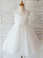 Robes cortège enfant col bijou dentelle sans manches au genou princesse silhouette perlée enfants robes de soirée sociale